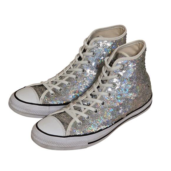 Converse Chuck Taylor All-Star Silver Sequins High-Top Sneakers Womens Size 9.5 - Picture 1 of 10